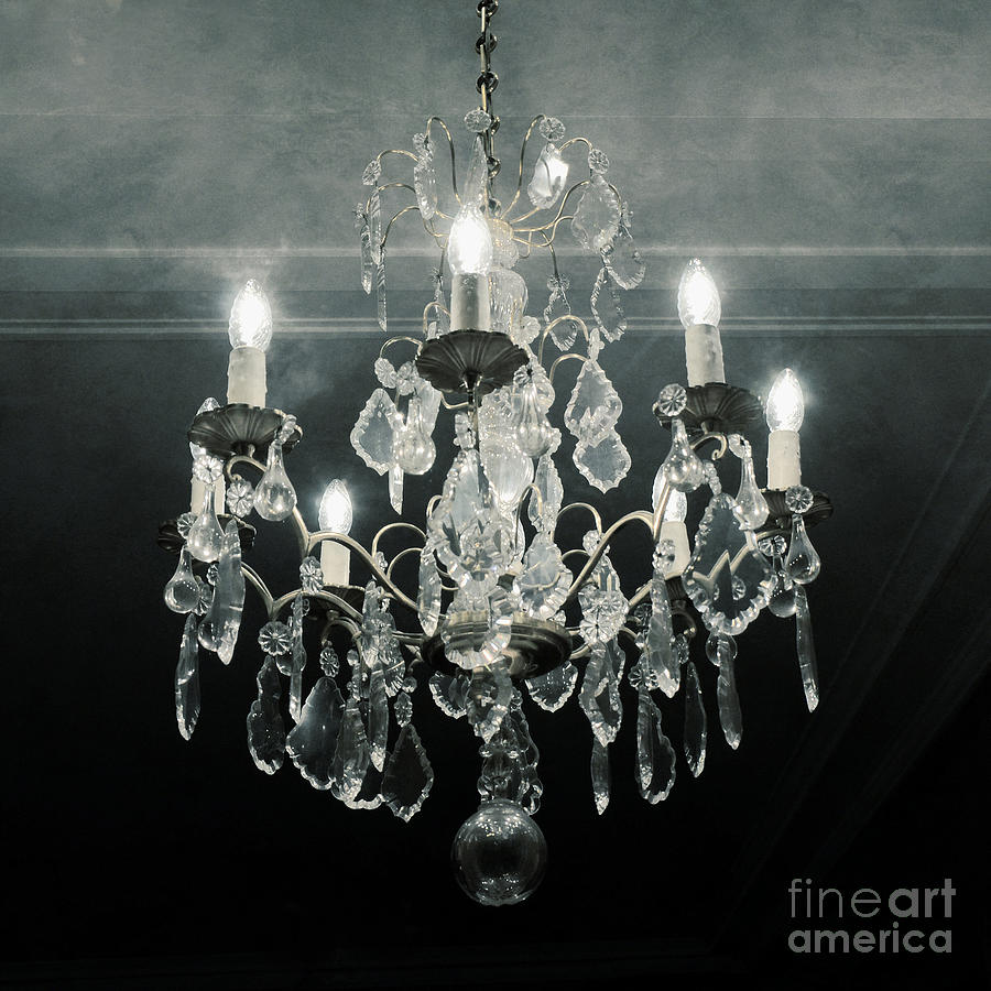 Paris Crystal Chandelier Haunting Dreamy Blue Gray Teal Sparkling Crystal Chandelier Fine Art Photograph by Kathy Fornal
