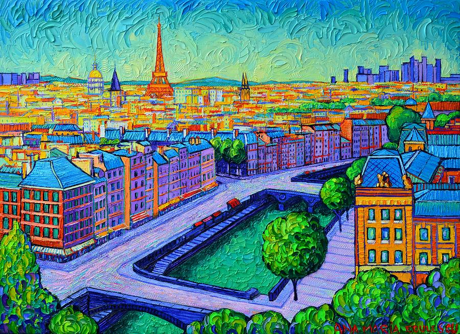 PARIS DAWN VIEW FROM NOTRE DAME TOWERS commissioned painting abstract cityscape Ana Maria Edulescu Painting by Ana Maria Edulescu