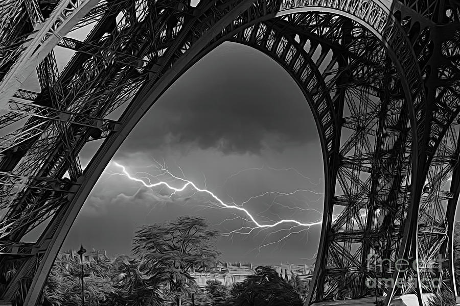 Paris Photograph - Paris Eiffel Tower BW Lightning  by Chuck Kuhn
