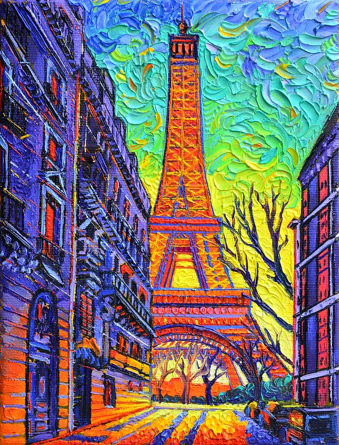 PARIS EIFFEL TOWER VIEW FROM RUE DE L UNIVERSITE impasto oil painting 3D canvas Ana Maria Edulescu Painting by Ana Maria Edulescu