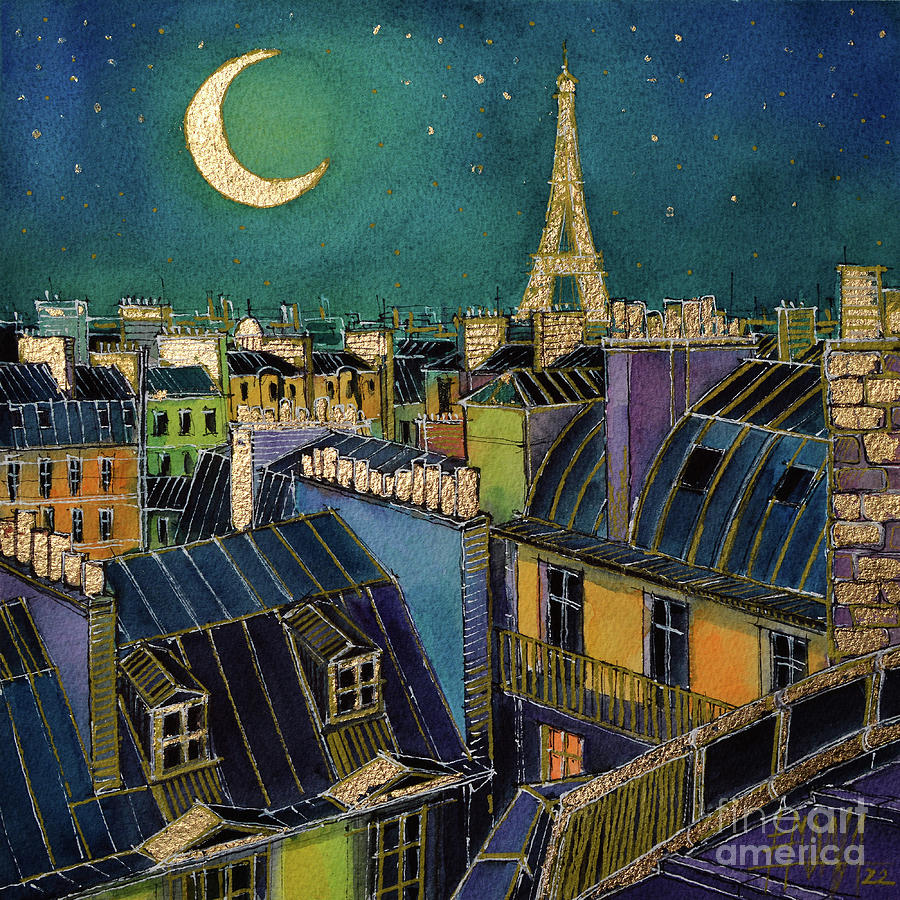 PARIS GOLDEN NIGHT commissioned watercolor and gold leaf painting  Painting by Mona Edulesco