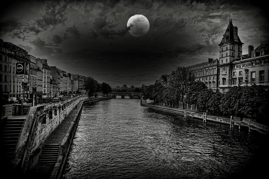 Paris Photograph - Paris Landscape Architecture Seine River Moon Glow  by Chuck Kuhn