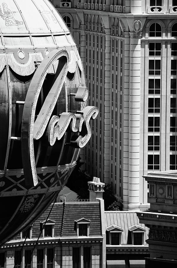 Paris Las Vegas Hotel Casino Balloon Sign and Architecture Black and White Photograph by Shawn OBrien