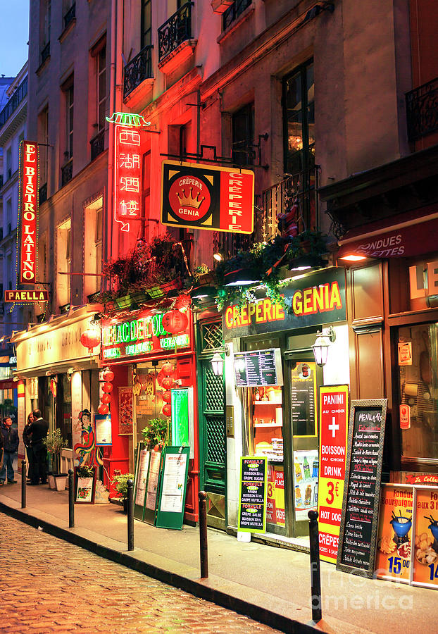 Paris Latin Quarter Food Choices at Night in France Photograph by John