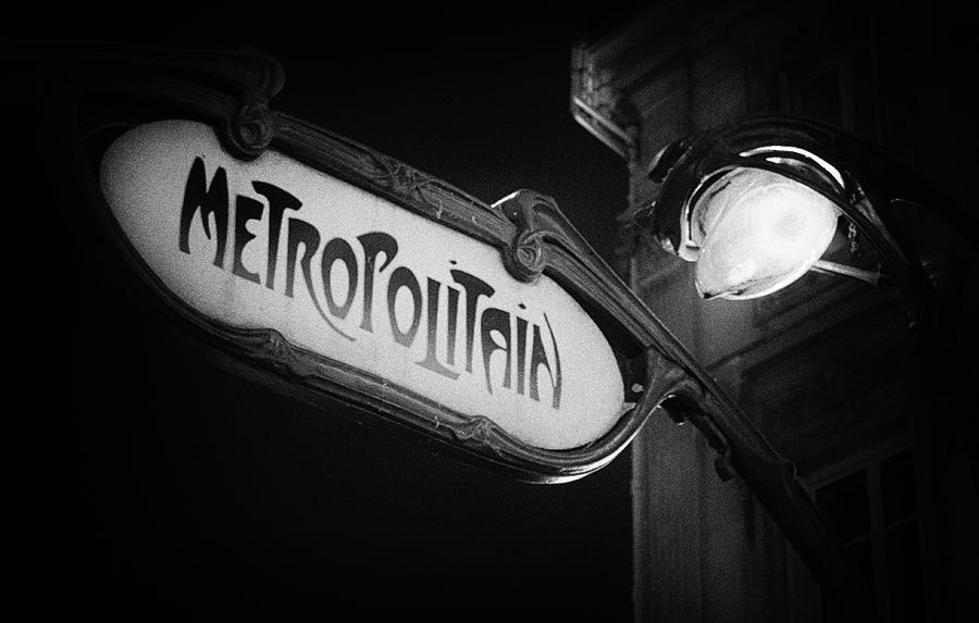 Paris Metro Art Nouveau Metropolitain Entrance Sign Illuminated at Night Noir Black and White Photograph by Shawn OBrien