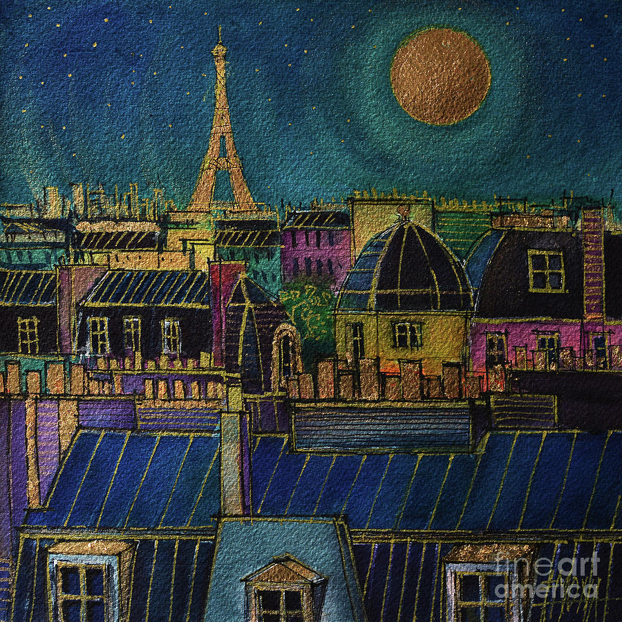 PARIS NIGHT COLORS watercolor painting and gold leaf on arches paper Painting by Mona Edulesco