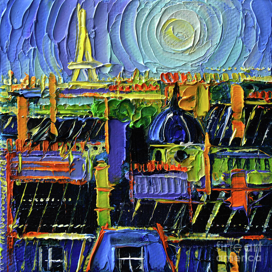 PARIS NIGHT ROOFTOPS  miniature oil painting on 3D canvas by Mona Edulesco Painting by Mona Edulesco