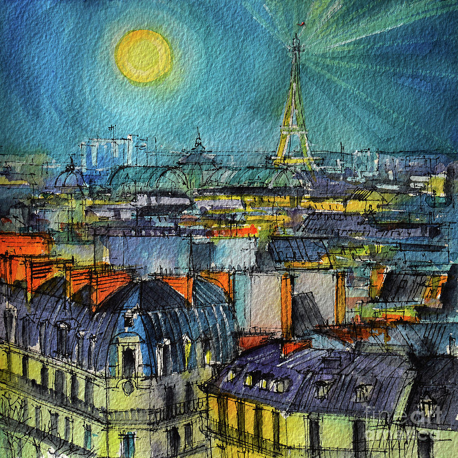 PARIS NIGHT watercolor painting Mona Edulesco Painting by Mona Edulesco