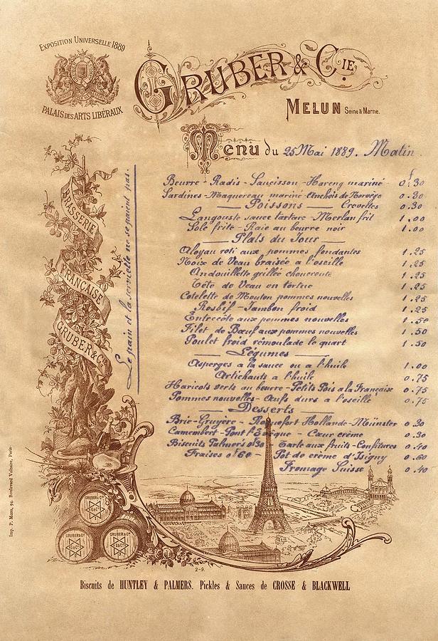 Paris Restaurant Menu 1889 Photograph