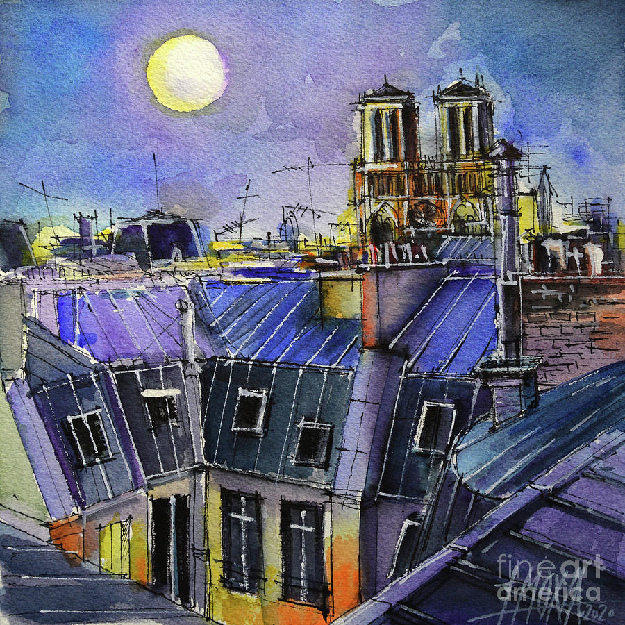 Paris roofs and Notre Dame Watercolor Painting Mona Edulesco Painting by Mona Edulesco
