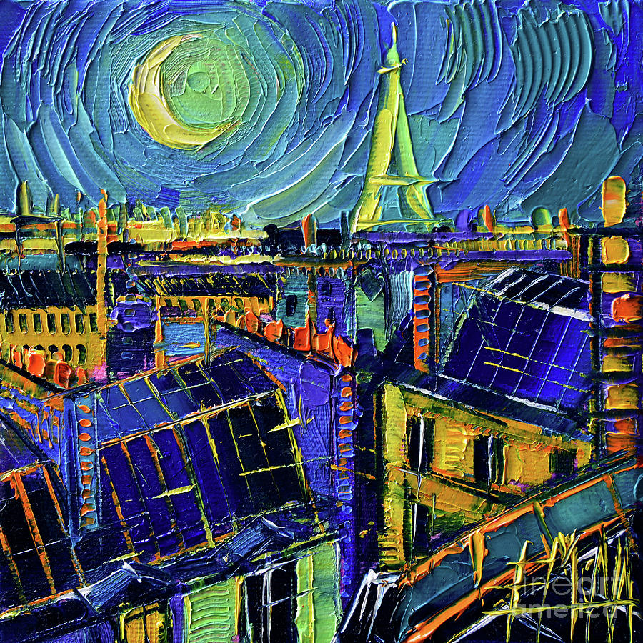 PARIS ROOFS BY MOONLIGHT miniature textured palette knife oil painting on 3D canvas Painting by Mona Edulesco