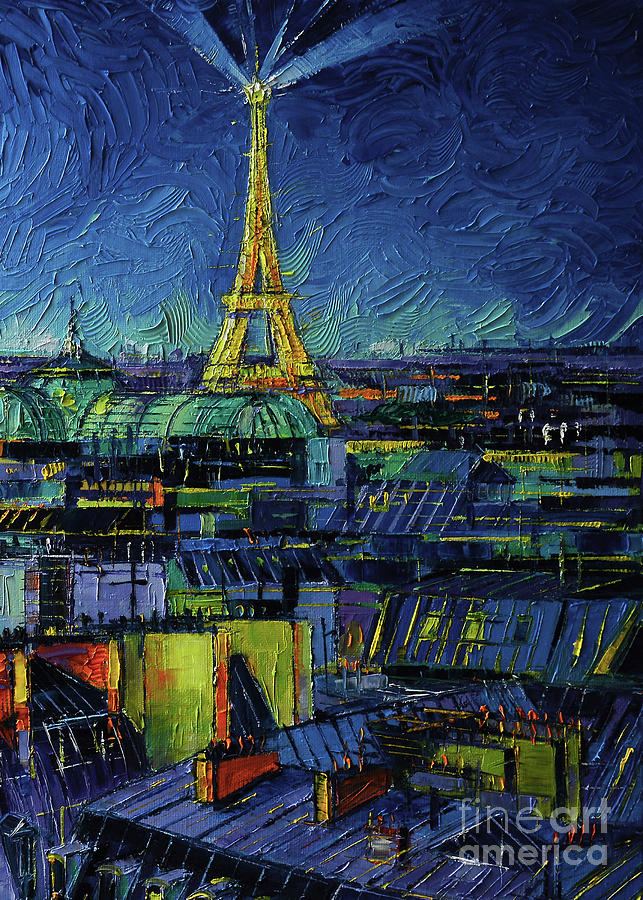 Paris Rooftops At Night - Detail 1 - Palette knife painting Mona Edulesco Painting by Mona Edulesco