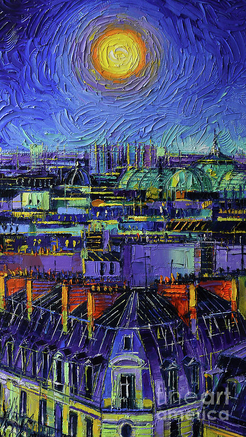 Paris Rooftops At Night - Detail 2 - Palette knife painting Mona Edulesco Painting by Mona Edulesco