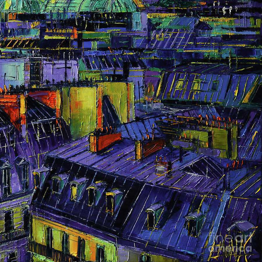 Paris Rooftops At Night - Detail 3 - Palette knife painting Mona Edulesco Painting by Mona Edulesco