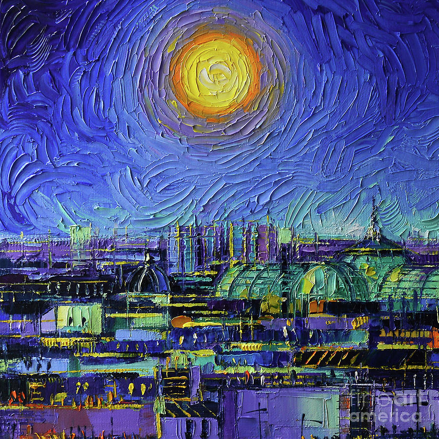 Paris Rooftops At Night - Detail 4 - Palette knife painting Mona Edulesco Painting by Mona Edulesco