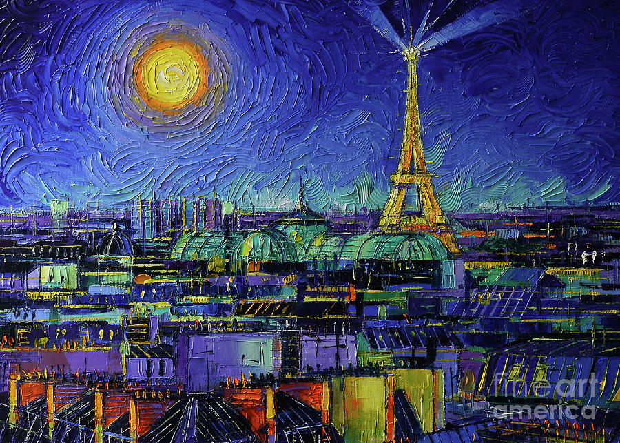 Paris Rooftops At Night - Detail 5 - Palette knife painting Mona Edulesco Painting by Mona Edulesco