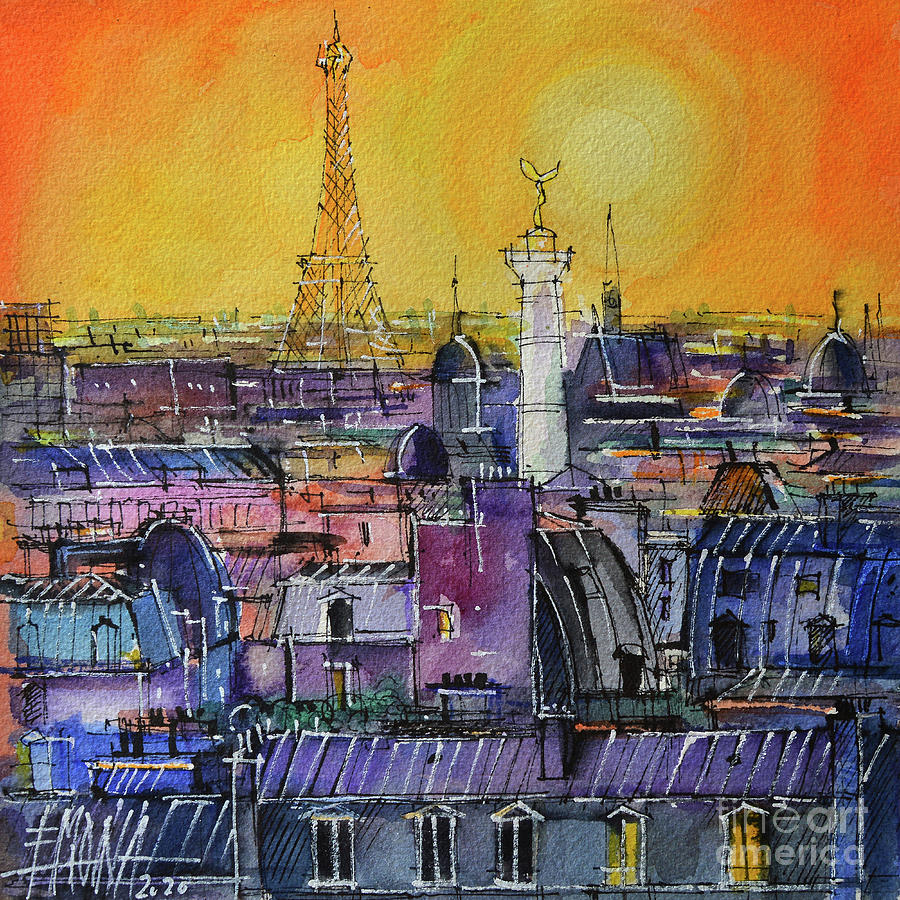 PARIS ROOFTOPS IN SUNLIGHT watercolor painting Mona Edulesco Painting by Mona Edulesco