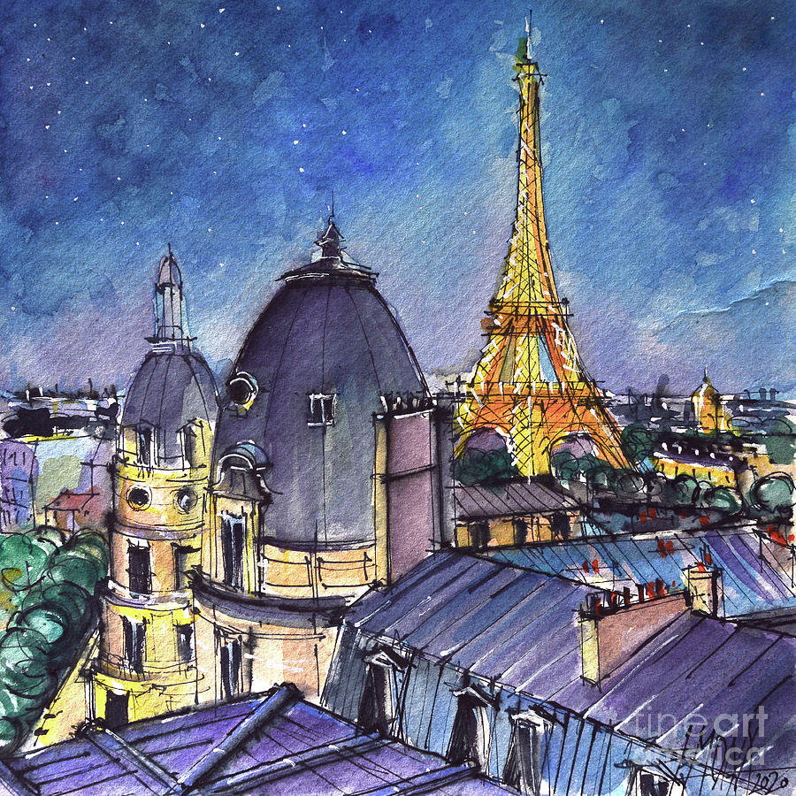 PARIS ROOFTOPS IN THE SOFTLY STARLIT EVENING watercolor painting Mona Edulesco Painting by Mona Edulesco