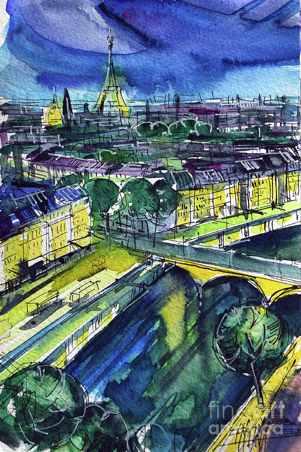 PARIS SEINE VIEW FROM NOTRE DAME TOWERS watercolor painting Painting by Mona Edulesco