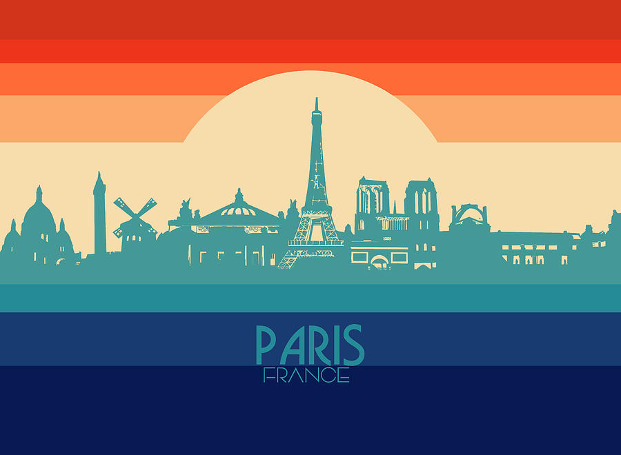 Paris Skyline Retro Rainbow Digital Art