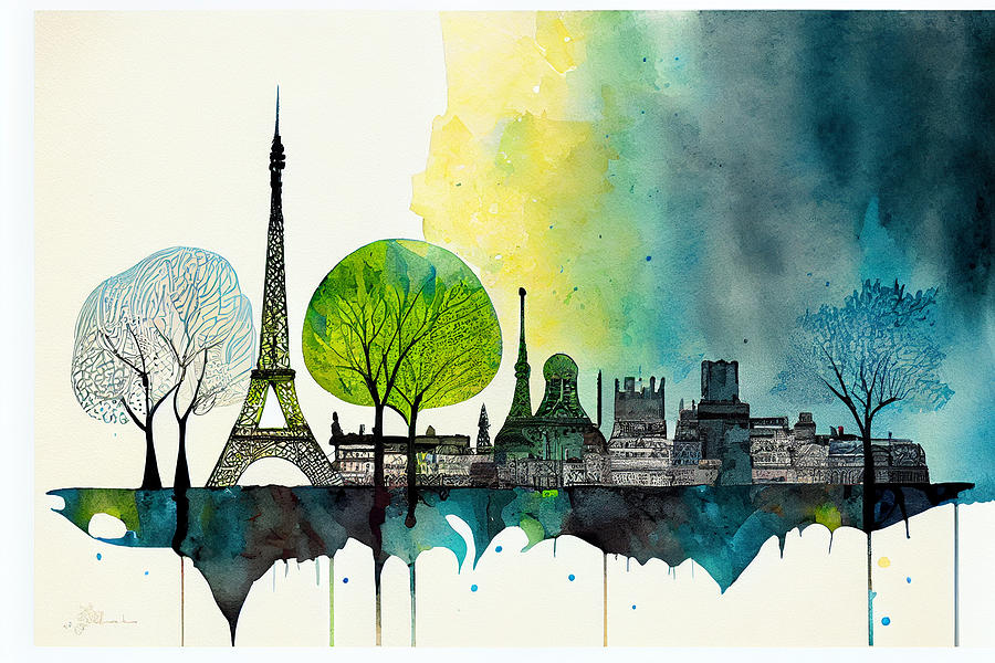 Paris  Skyline  Watercolor  In  The  Style  Of  Scott  By Asar Studios Digital Art