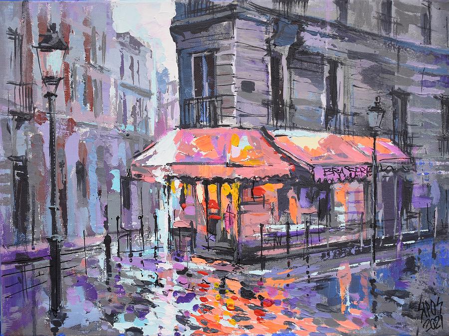 Paris street view after rain Painting by Lorand Sipos
