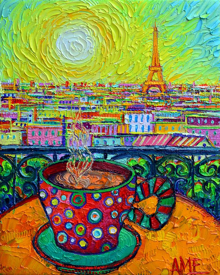 PARIS SUNRISE - MORNING COFFEE textural impressionism knife painting on 3D canvas Ana Maria Edulescu Painting by Ana Maria Edulescu