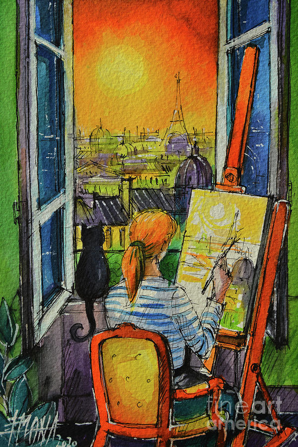PARIS SUNSET THROUGH THE WINDOW commissioned watercolor painting Mona Edulesco Painting by Mona Edulesco