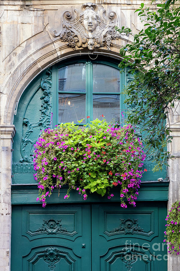 Paris - Teal Ornate Door With Fuschia Flowers Window Box Photograph