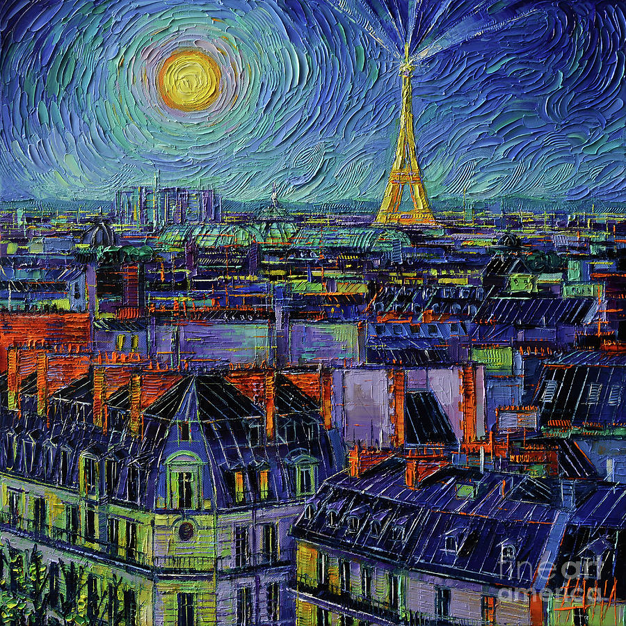 PARIS VIEW IN MOONLIGHT textured palette knife oil painting on 3D canvas Painting by Mona Edulesco