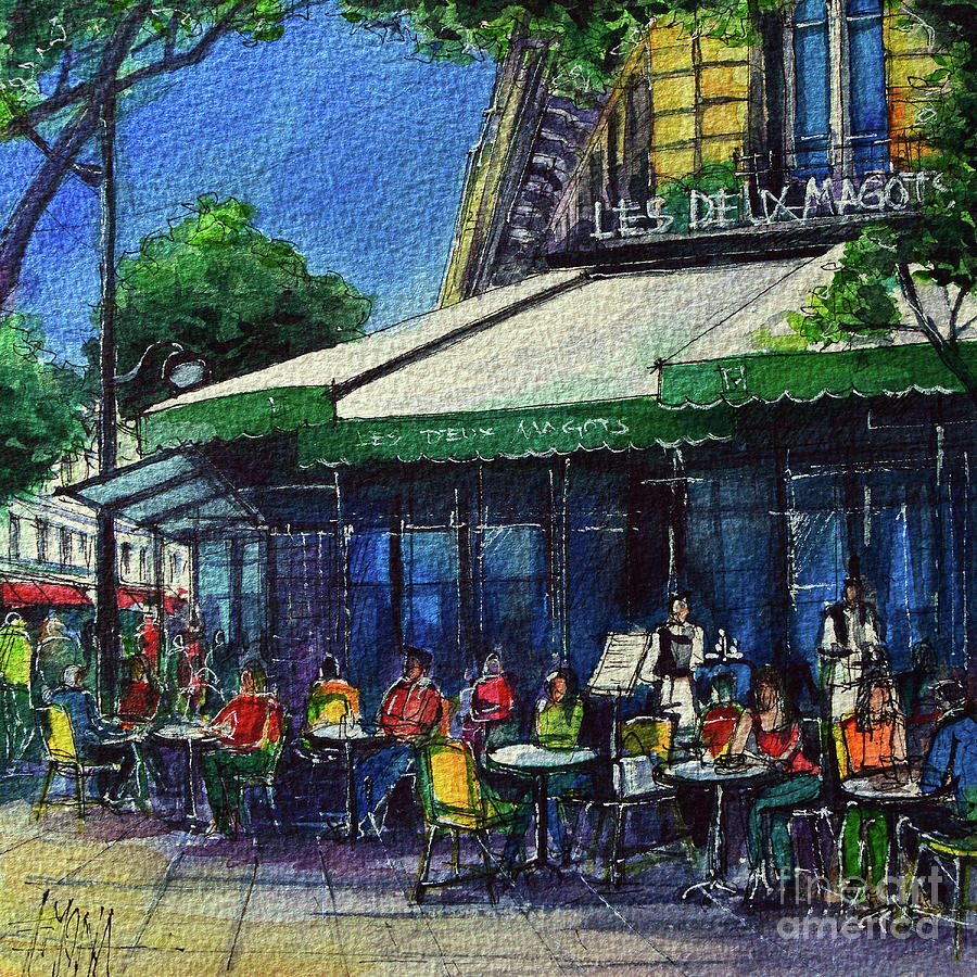 Paris Painting - PARISIAN CAFE LES DEUX MAGOTS commissioned watercolor painting by Mona Edulesco