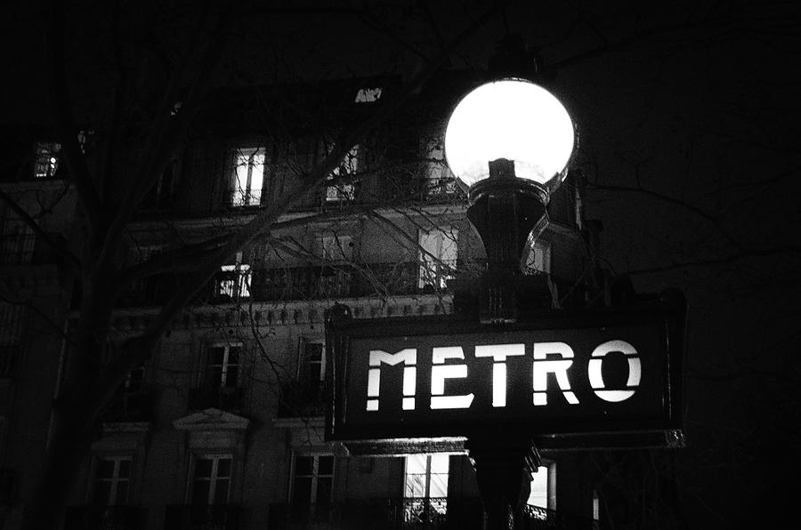 Parisian Nightlife Near the Metro Paris France Noir Black and White Photograph by Shawn OBrien