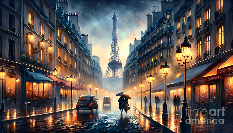 Paris Digital Art - Parisian Streets in Rain, A romantic rainy scene on the streets of Paris with the Eiffel Tower by Jeff Creation