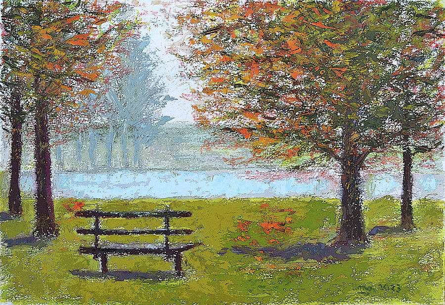 Park Bench in Autumn Painting by Uma Krishnamoorthy