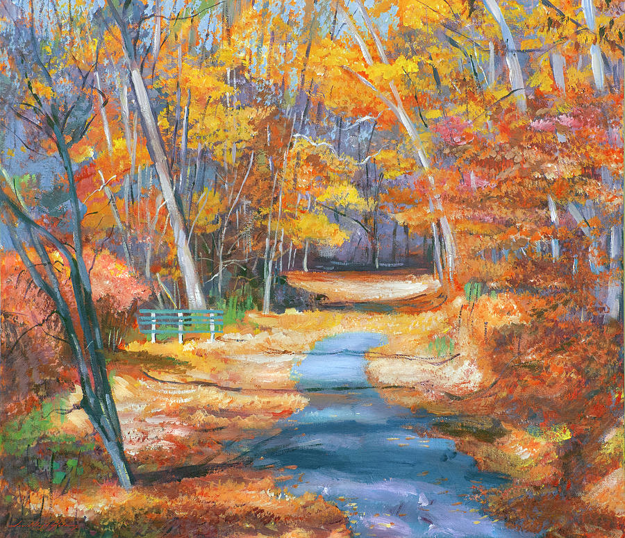 Park Bench In Fall Painting by David Lloyd Glover