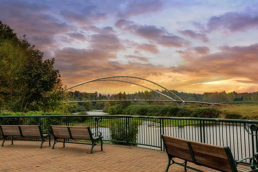 Park Benches at Riverfront Park in Salem Oregon during Sunset Photograph by David Gn