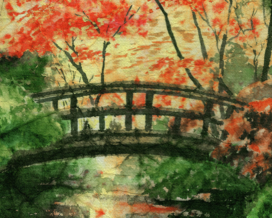 Park Bridge Watercolor Fall  Painting by Irina Sztukowski