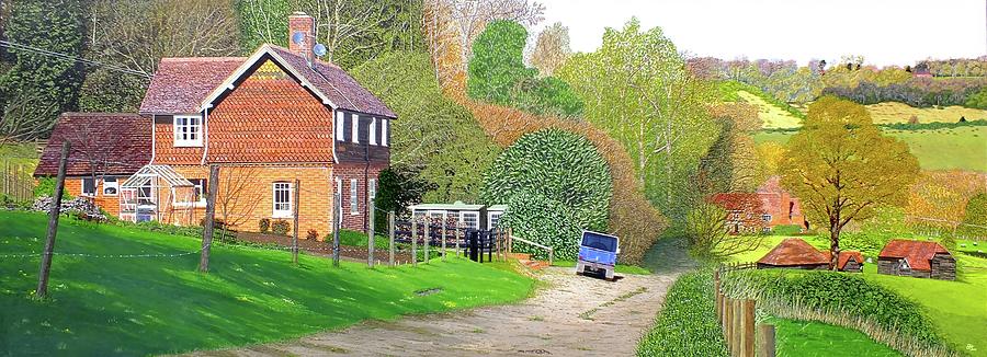 Park Farm Cottages and the North Downs Painting by Sam Hall