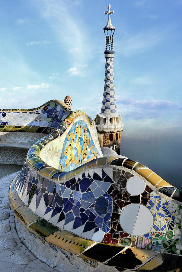 Park Guell, bench and tower 2 Photograph by JM Ardevol - Fine Art America