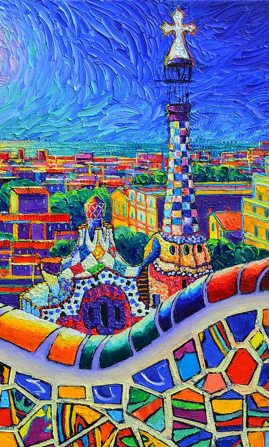 PARK GUELL NIGHT GAUDI TOWER Barcelona impasto palette knife oil painting Ana Maria Edulescu Painting by Ana Maria Edulescu