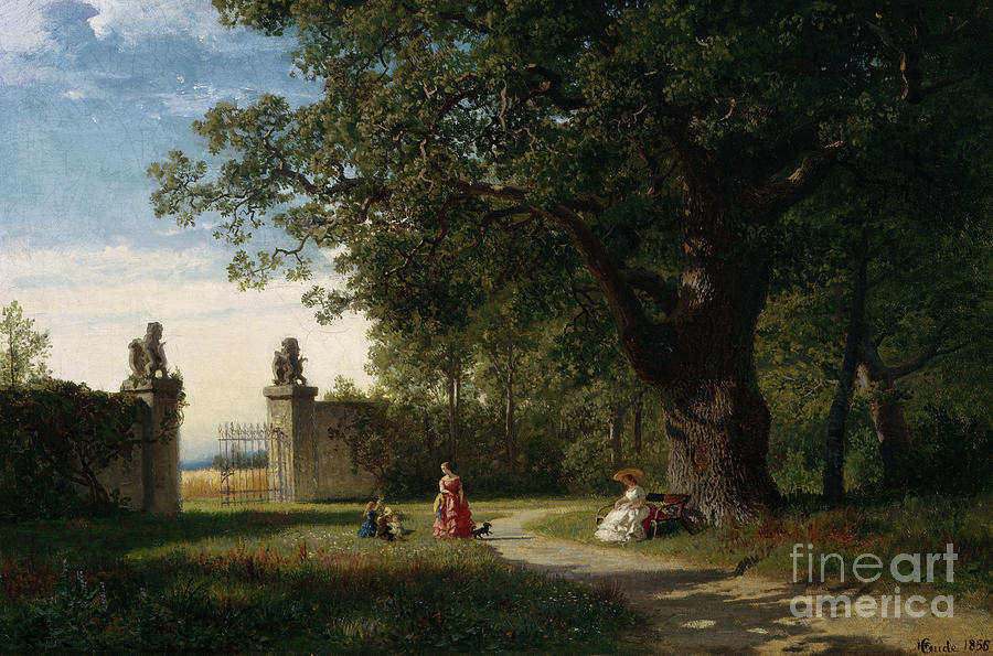 Park landscape with figure, 1856 Painting by O Vaering by Hans Gude