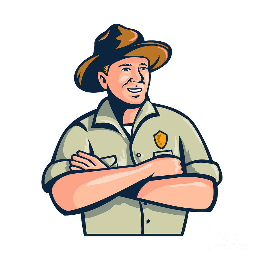 Park Ranger Or Warden With Arms Crossed Front View Mascot Retro Digital Art