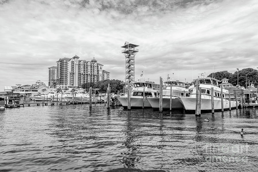 Parked Boats Destin Florida Harbor Grayscale Photograph by Jennifer White
