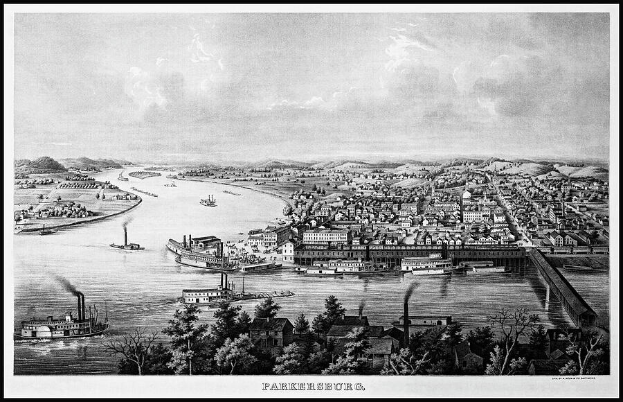 Parkersburg West Virginia Vintage Map Birds Eye View 1861 Black And ...