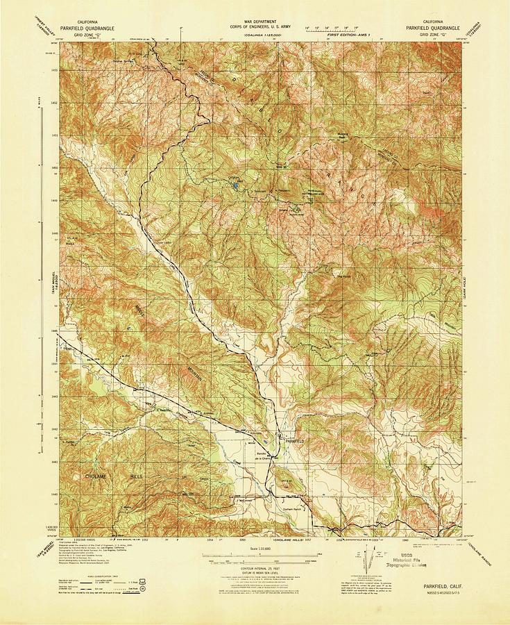 Parkfield CA from 1943 Vintage Map High Quality Mixed Media by Vintage ...