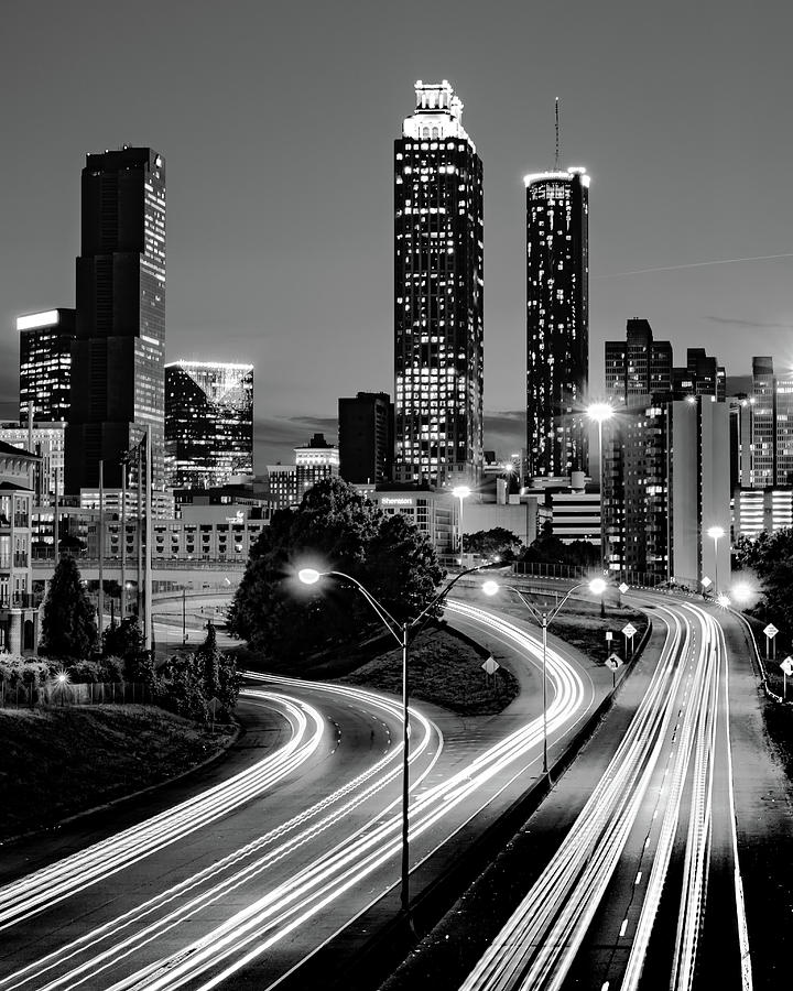 Parkway Light Trails And Atlanta Skyline In Black And White Photograph 