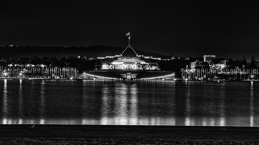 Flag Photograph - Parliament House  - Canberra - Australia BW by Steven Ralser