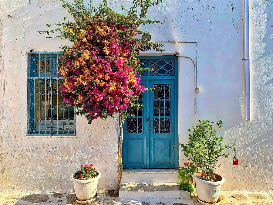 Paros Doorway Flowers Photograph by John Babis