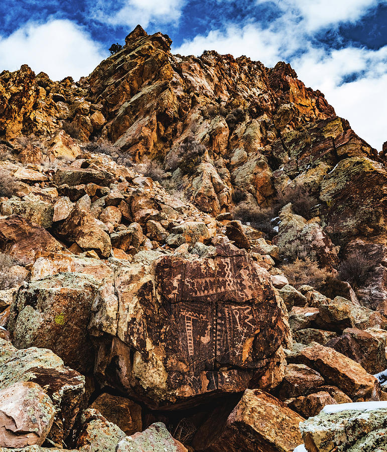 Parowan Gap Petroglyphs, Utah - Vertical Photograph by Abbie Matthews