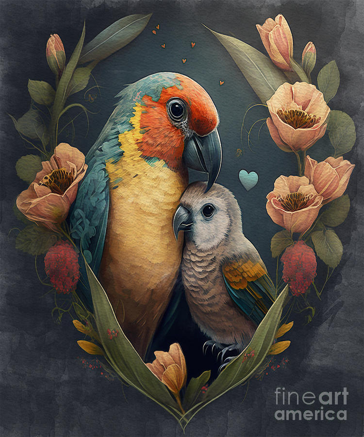 Flower Digital Art - Parrot Mother And Son by Eva Jayden